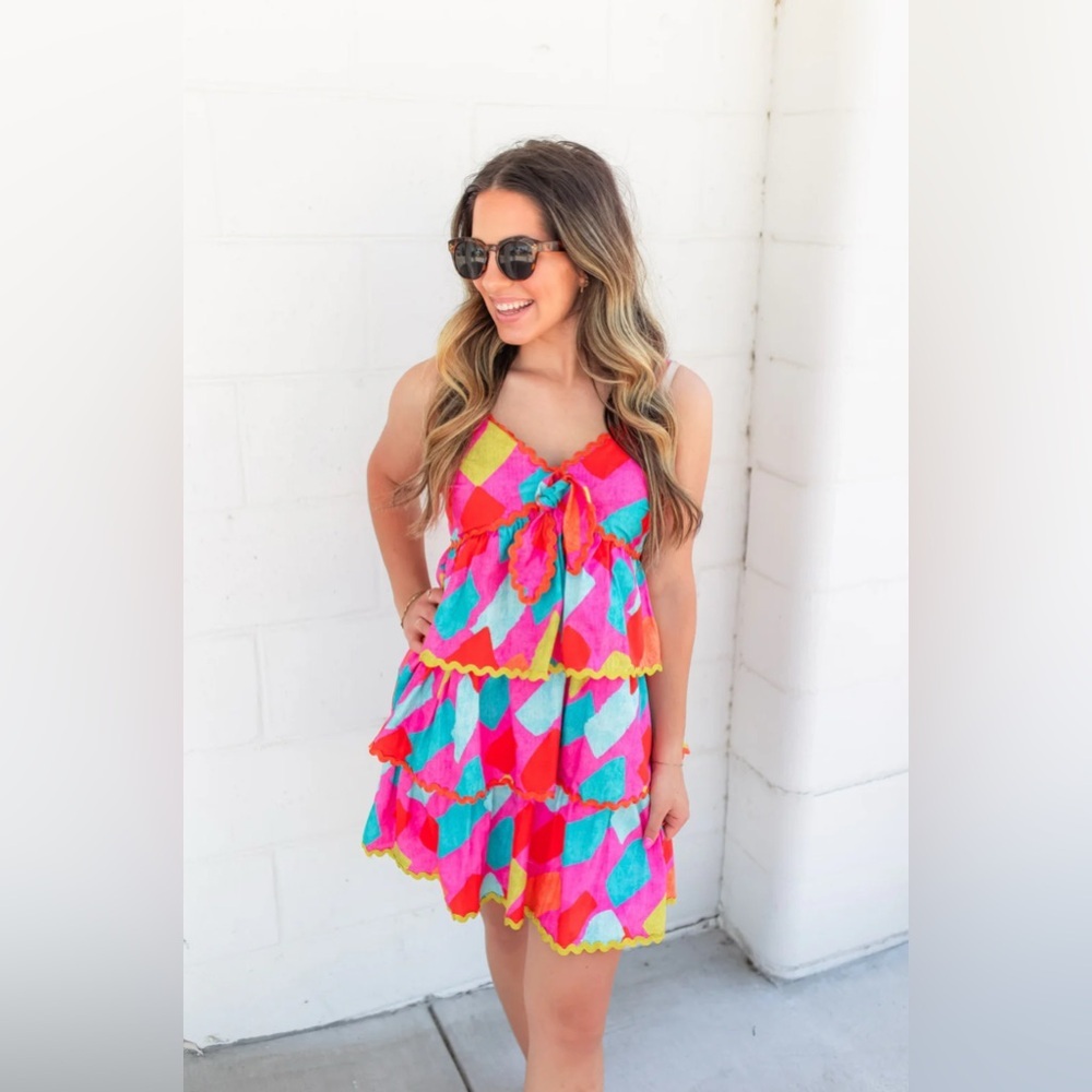 NWT Scrap work Pink Multi Geo Tiered Dress size L - Picture 2 of 8